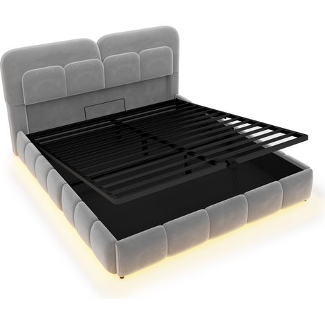 Polsterbett 140 x 200 cm aus grauem Samt mit LED, hydraulischem Stauraum und Kopfteil, MODENUIT (1/5)