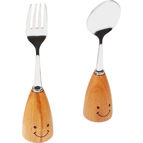 Cuillère Et Fourchette Enfant - Acier Inoxydable Et Bois De Hêtre - Pour Apprentissage De L'Autonomie Alimentaire - Lot De 2 (1/5)