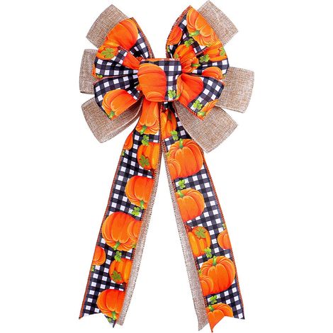 Ruban Décoratif Automne - Bow en Toile de Jute avec Imprimé Citrouille - Pour Guirlande Arbre Noël Décoration Intérieure Extérieure - 48 cm x 25 cm - 1 Pièce (1/5)