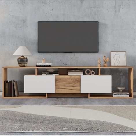 Meuble TV 180x30x49 cm blanc et bois naturel en panneaux de particules avec rangements ouverts et portes relevables (1/5)