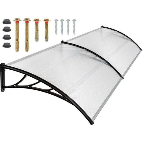 Tettoia per porta di casa, tetto spiovente in policarbonato trasparente, spessore 5 mm, supporto ABS, tetto della porta per esterni, tetto ad arco, clip nera (larghezza 200 cm) (1/5)