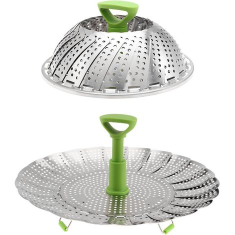 Cesta coladora, 28 cm, Vaporera de verduras, Con mango telescópico, Cesta vaporera, Plegable, mariscos y huevos, Plateada (1/5)