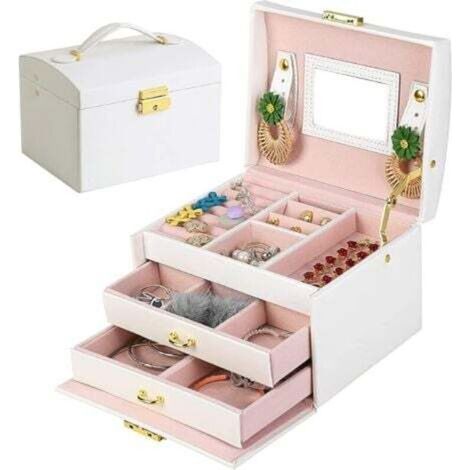 Boite a Bijoux, Rangement Bijoux Boite a Bijoux Femme, Boîte à Bijoux en Cuir PU avec 2 tiroirs, Coffre à bijoux verrouillable avec miroir, Boîte de voyage portable, Doublure en velours (1/4)
