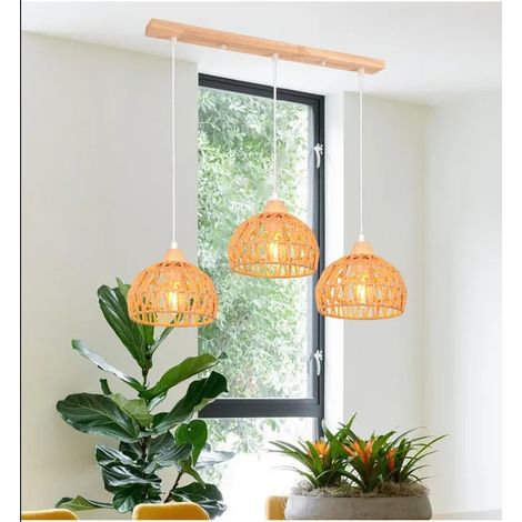 Rétro Suspension Luminaire Industriel Lustre Vintage en Bois Rotin Brun Plafonnier Design Cage Réglable pour Salon Chambre (1/5)