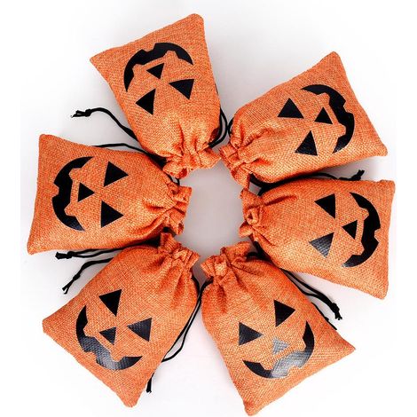 Halloween-Kürbis-Geschenktüten aus Jute mit Kordelzug, 10 x 14 cm große Süßigkeitentüten aus Leinenstoff für Kinderpartys