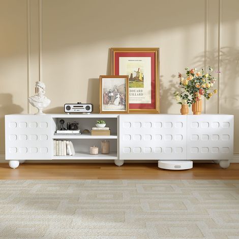 Meuble tv bas 200 x 40 x 44cm blanc avec 3 portes design et 5 pieds pour tv jusqu’à 80 pouces (1/5)
