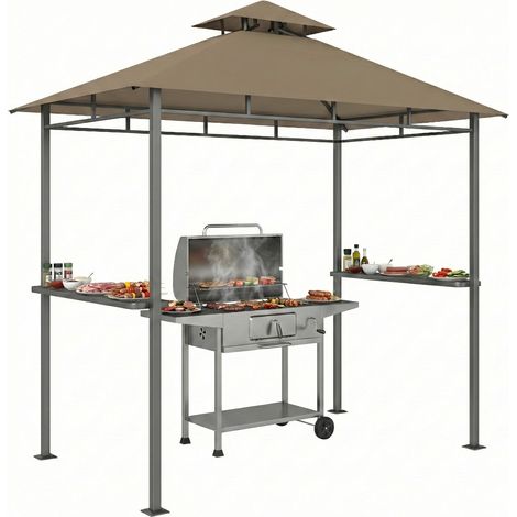 Gartenpavillon/Grillpavillon 245x146x255cm, Metall, Doppeldach, 2 Seitenablagen, braun