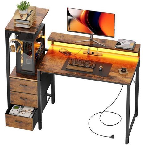 EcoFurnix Bureau gaming con LED 112 cm – Tavolo per computer con supporto per schermo, Mensola di stoccaggio e cassetto in tessuto – Marrone