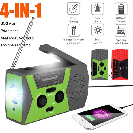 Radio D'Urgence à Manivelle - Radio Météo AM FM NOAA - Lampe Torche LED 3 Modes - Banque D'Énergie 2000 mAh - Recharge Solaire et USB - Pour Camping Extérieur Intérieur - Vert (1/5)