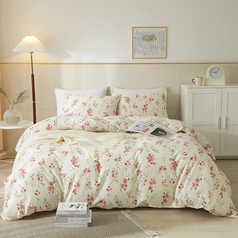 Parure de lit 100% Coton avec Housse de Couette Motif Floral Rose Style Jardin Chic Shabby Chic 100% Coton Collection de literie bohème esthétique (1/5)