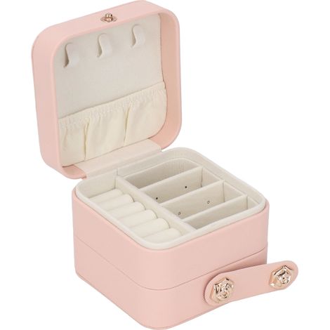 Boîte à bijoux rose portable multicouche en cuir PU, étui de voyage pour bagues, boucles d'oreilles et colliers.