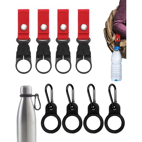 8X Porte Gourde Mousqueton - 4x Nylon Tactique (Noir/Corde Rouge) & 4x Silicone (Noir) pour Bouteille d'Eau. Fixation Sécurisée Sac à Dos, Ceinture, Randonnée, Camping & Outdoor (1/5)
