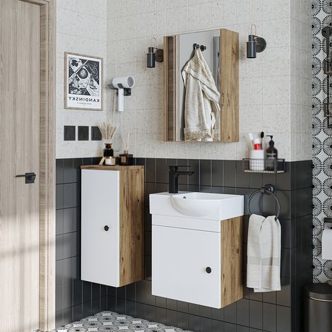 Roomart PUNTO Badmöbel-Set 4-tlg 46.5 cm breit, Weiß-Eiche