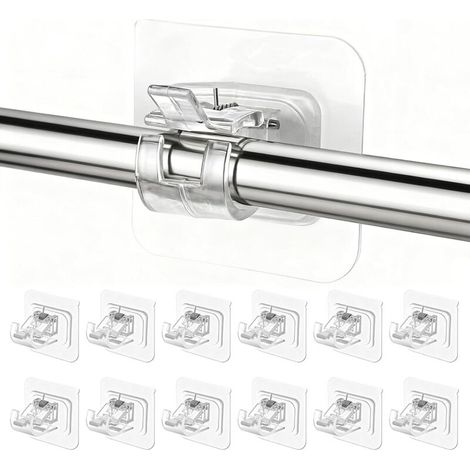 12 Pcs Support Tringle Rideaux sans Percage, Crochet Rideau Adhesifs Transparent avec Accroche Barre Porte pour Porte-Serviettes, Salle Bain, Hôtel, Cuisines