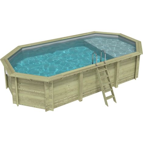 Piscina in legno NEMO 7.3 x 3.97 – H.1.45 m con spiaggia, grigio, Su telaio - senza cementazione - BAS7305OSPU2+PLA305