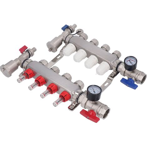 Collecteur de chauffage au sol 4 boucles G1, acier inoxydable 304, kit avec débitmètre visible et réglable (1/5)