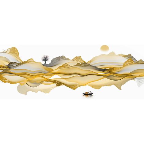 Tableau moderne mer pour chambre d'enfant | Tableau sur toile oriental blanc, gris et jaune | Tableau original pour bureau - 1,0 x 0,4 m (1/2)