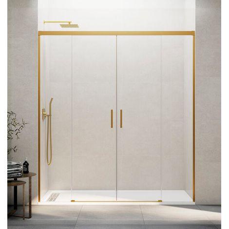 Mampara de ducha frontal 2+2 BASIC 150 cm cristal transparente perfil oro (1/5)