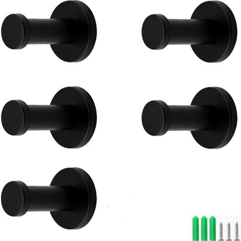 Patères Noires, 5 Pièces Patere Murale en Acier Inoxydable, Patere Salle de Bain, Patères avec Vis et Tube D'expansion (1/5)