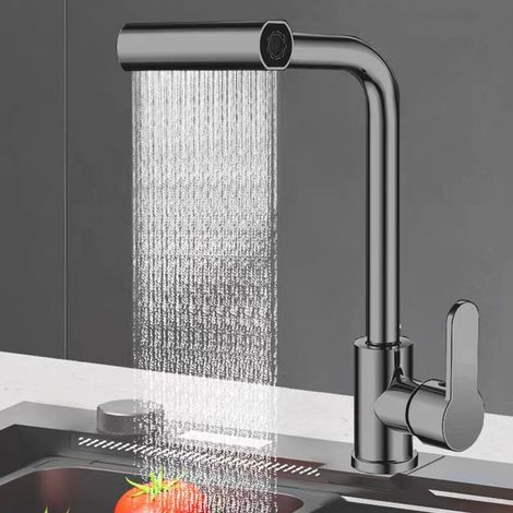 Export-oriented waterfall faucet, kitchen hot and cold water faucet with four settings, suitable for sinks and balconies, rotating hot and cold water faucet - stainless steel gunmetal gray [hot and co