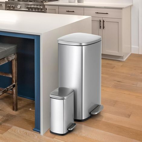 50 Litre + 5 Litre Kitchen Bin, Pedal Bin with Silent Close Lid, Inner Bucket, Metal Steel Bins, Silver (1/5)
