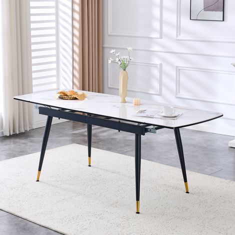 Table à manger extensible en céramique, piètement métal noir et pieds dorés, longueur réglable 140-200 cm, meuble seul sans chaises (1/5)