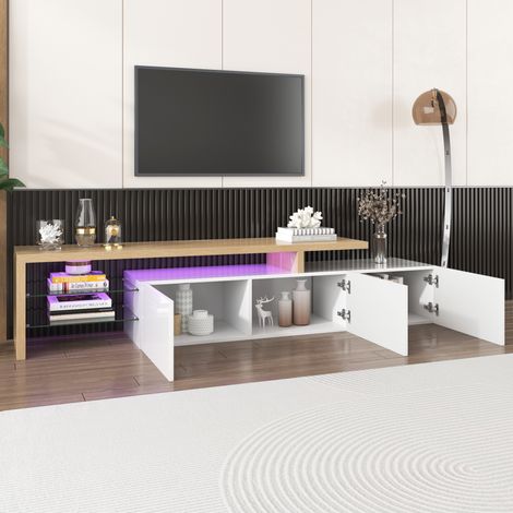 Meuble TV 197.5x39x42cm Rangement étagères en verre LED 7 couleurs MDF Blanc et couleur naturelle (1/5)