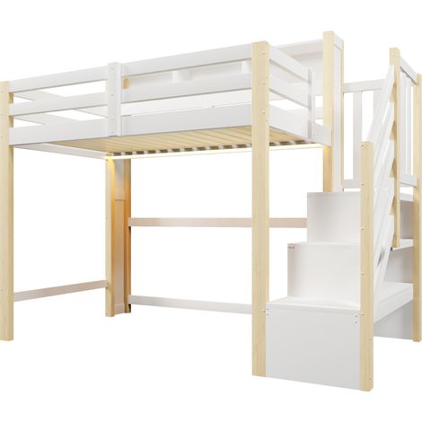 Letto a soppalco bambino 90x200 cm con LED, scala con ripiani, bianco e naturale (1/5)