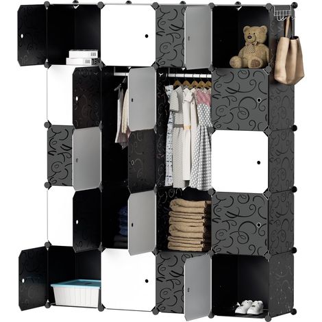 Système d'étagères de penderie DIY - 20 cubes - Penderie ouverte en plastique avec portes et cintres - Noir et blanc - 175 x 140 x 35 cm (1/5)