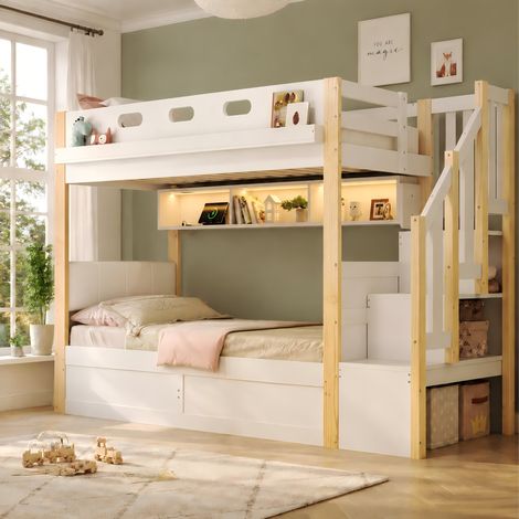 Litera 90/200 cm con escalera de almacenaje, LED, USB y cama inferior elevable (1/5)