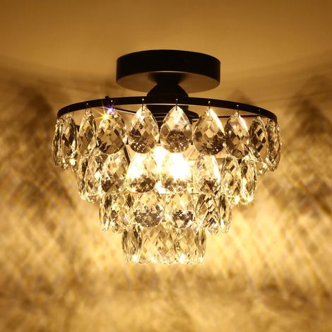 Noir Mini Plafonnier Cristal – Moderne – Petit – Montage Plat – Lustre Cristal pour Couloir, Chambre, Salon – Luminaire Élégant-Lumière chaude