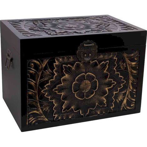 Coffre en bois noir style colonial sculpté élégant - noir sculpté effet doré (1/5)