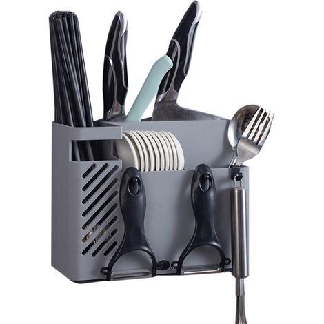 Porte-couverts mural multifonction gris, séchoir à baguettes pour cuisine, support de rangement mural pour maison (1/5)