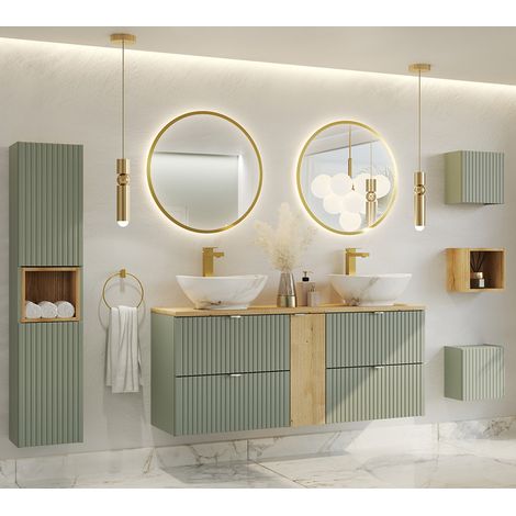 Badmöbel Set 7-teilig in grün und Eiche mit 140cm Waschtisch, NEWPORT-56-GREEN (1/5)