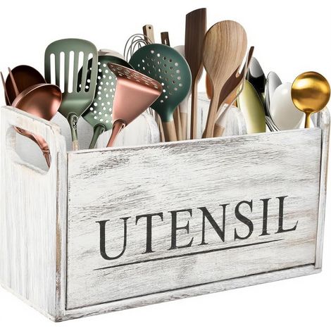 Kitchen Utensil Holder, White Wood, Cutlery Holder with 3 Compartments (1/5)