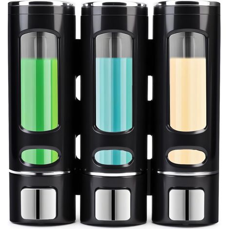 Distributeur Savon Mural, Distributeur Gel Douche, Distributeur Triple de Shampoing et Après-shampoing sans Perçage ABS pour Salle de Bain Hôtel Cuisine Marché Restaurant 400ML3(Noir)'Noir 3x400ml'Noi