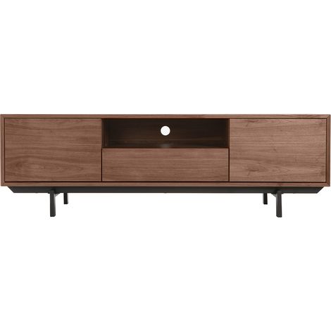 Miliboo – Meuble TV vintage en bois foncé L160 cm – 2 tiroirs et 2 étagères – Pieds en métal noir – Passe-câbles intégrés (1/5)