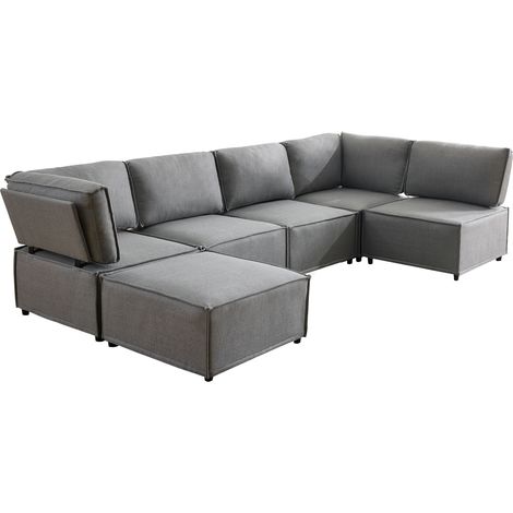 Canapé d’angle modulaire en tissu lin gris clair, structure en bois, design flexible et personnalisable (1/5)