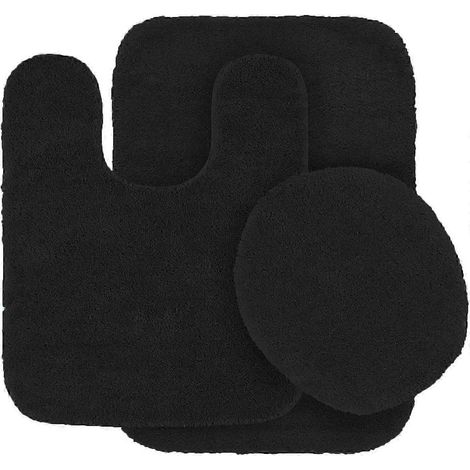 Ensemble de 3 tapis de salle de bain : tapis de 48 cm x 76 cm, tapis contour de 48 cm x 48 cm et couvre-abattant, en chenille shaggy flanelle, dos antidérapant en caoutchouc, noir (1/3)
