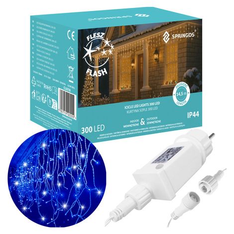 SPRINGOS Lichterkette 300 LED 14,5 m Blau Flash Funktion Stromversorgung Lichtervorhang Lichtdekoration Indoor/Outdoor Weihnachten/Weihnachtsdekoration LED-Leuchten LED-Lämpchen