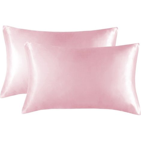 Ensemble de deux taies d'oreiller en soie glacée, avec une fermeture éclair invisible, douces pour les cheveux, souples et lisses, au toucher soyeux, 50 x 70 cm, Rose. (1/4)