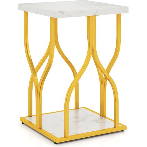 Table d'Appoint à 2 Niveaux avec Plateau Imitation Marbre, Étagère de Rangement, Table de Chevet Moderne avec Cadre Métallique Doré, 39,5x39,5x59,5 cm (1/5)