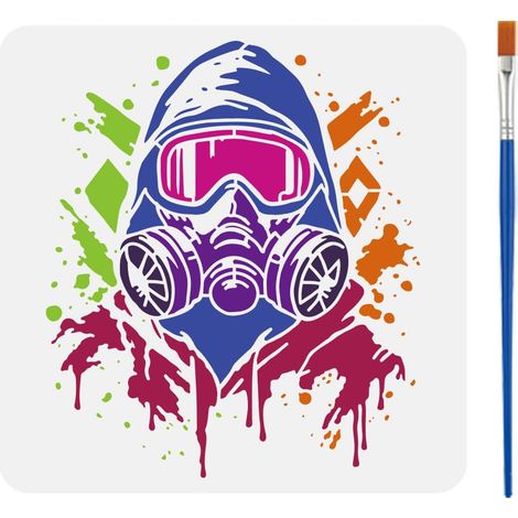 Pochoirs à Motif Graffiti avec Pinceau 30x30cm Pochoir d'une Personne Portant un Masque Facial et des Lunettes de Protection Modèle Thèmes Graffiti PET pour Bois Carrelage Mur Tissu DIY (1/5)