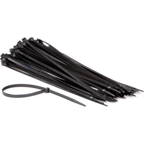 Perel Bridas de nylon negras, 100 piezas, ataduras de cables 400 x 7,6 mm, resistentes a UV, autoadhesivas, 54 kg de fuerza de tracción, para aplicaciones pesadas en interiores y exteriores.