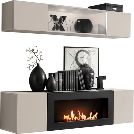 Composición mural FLY cachemira con vitrina parcialmente acristalada y mueble para TV con chimenea de bioetanol
