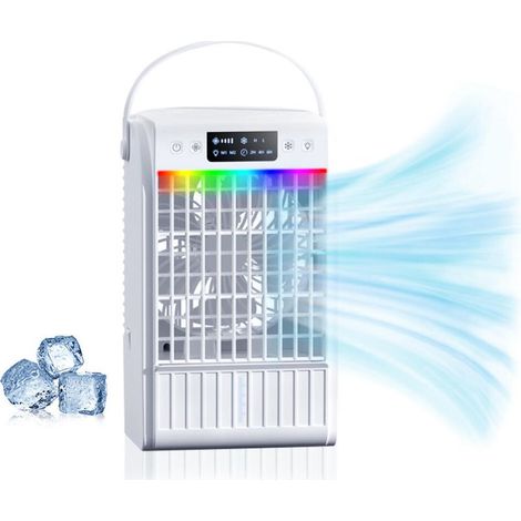 Mini Climatiseur Portable 4 en 1, Petite Clim avec Télécommande, 4 Vitesses, 2 Modes de Brume, 1500 ml, Minuterie 1/2/3 H, 7 LED Couleur, USB, Ventilateur Brumisateur pour Chambre Coucher (1/5)