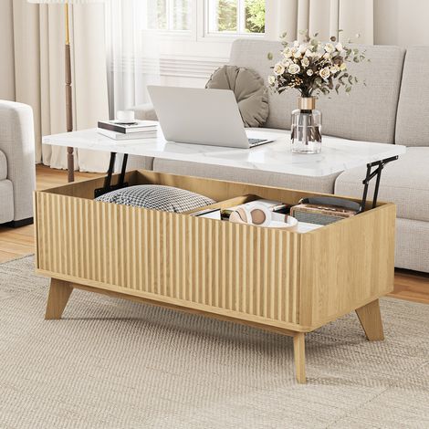 Table basse relevable 105 cm, Convertible en table à manger, Rangement intégré, Plateau en faux marbre blanc, Design cannelé nordique,pour salon et salle de séjour,Couleur bois naturel (1/5)