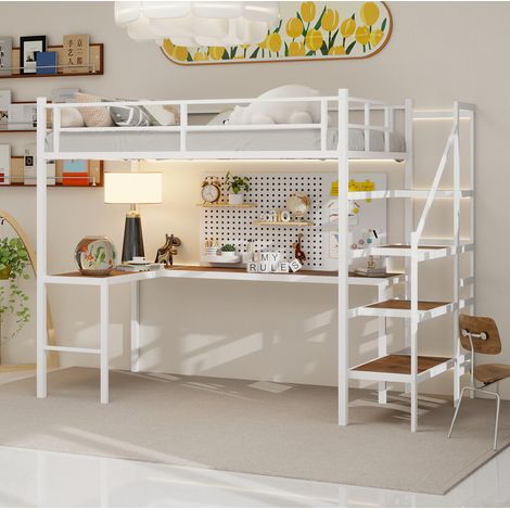 Letto a soppalco moderno 90x190 cm in ferro bianco con scrivania a L, scaffali, scala contenitore e ringhiera completa (1/5)