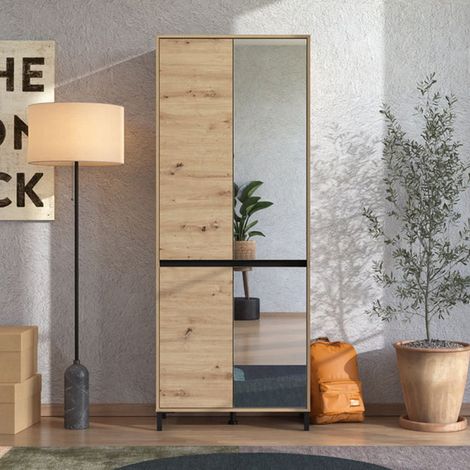 Schuhschrank Scansano, Schuhmöbel 9 Einlegeböden, mit Spiegel, 4 Türen, 80x40x206h cm Braun Eiche mit Astknoten (1/5)