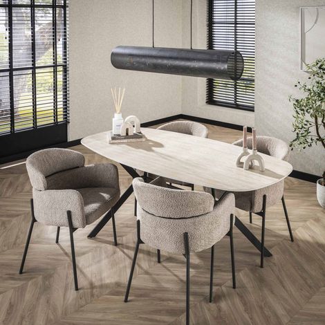 Table 180 cm effet travertin + 4 fauteuils en tissu bouclette sable